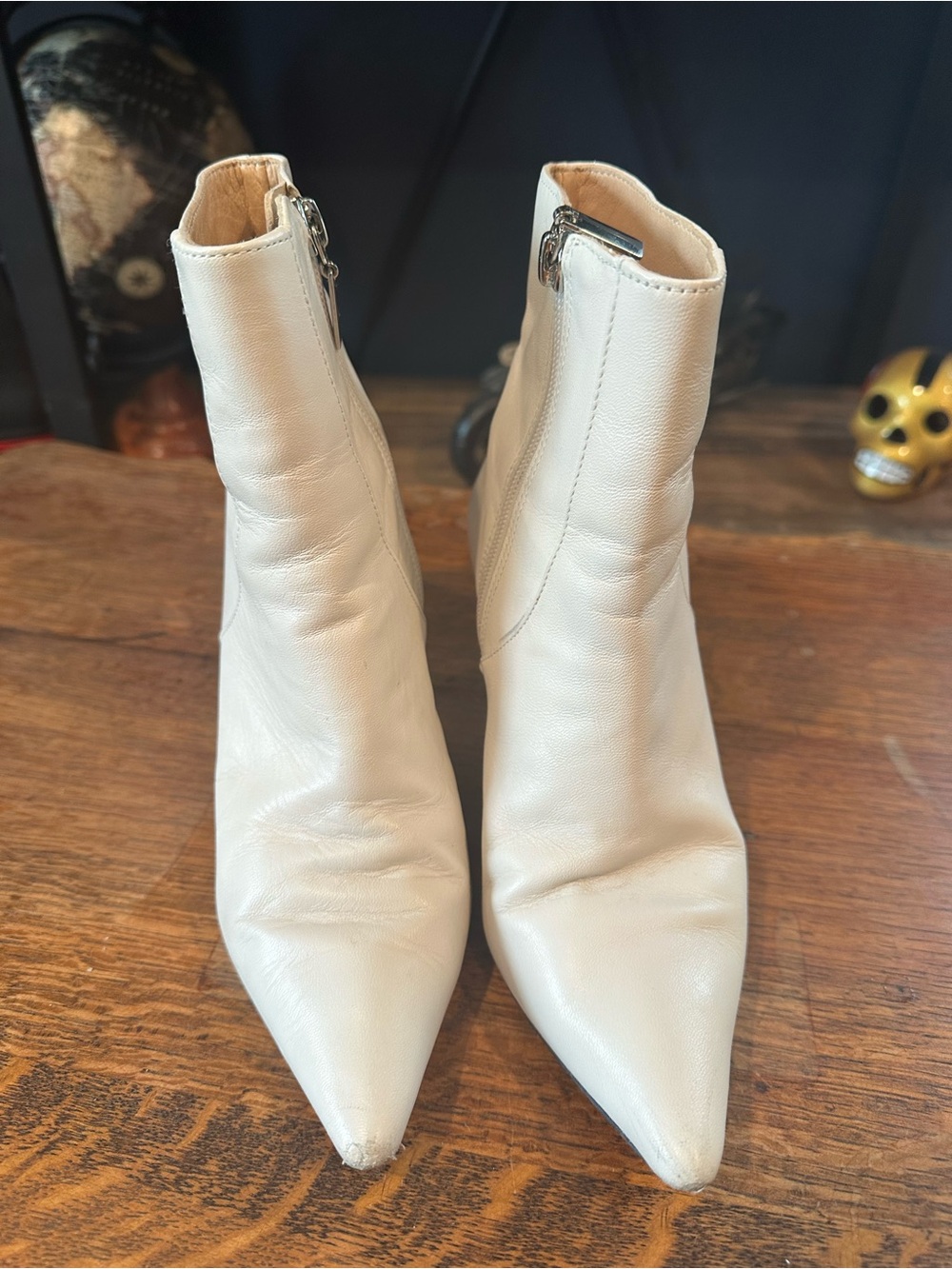 SCHUTZ Cream Pointed-Toe Leather Ankle Booties